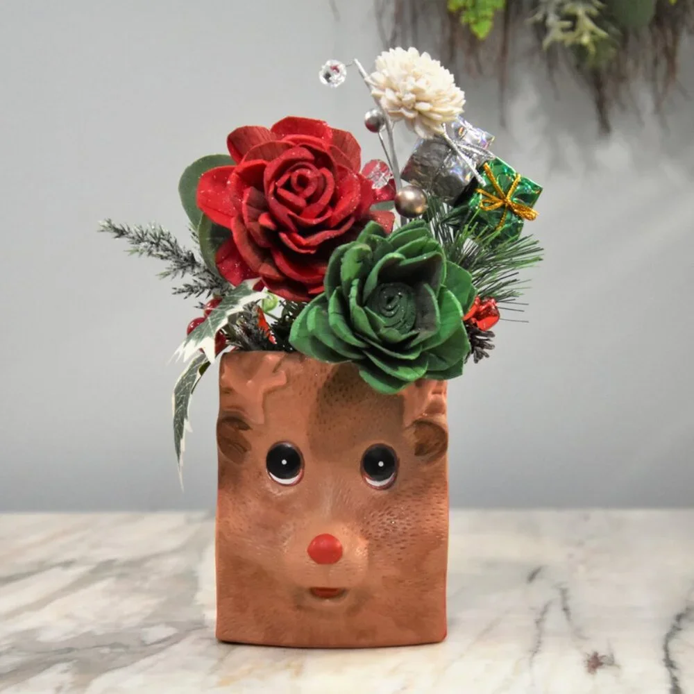 Vintage Rudolph shaped painted pottery with Sola Woods Flower Christmas Holiday